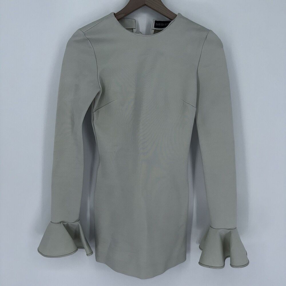 David Koma Custom Gray Mini Dress Flutter Sleeve Full Zip Back Hand Sewn